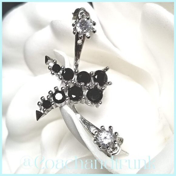 Silver White Diamond Solitaire Stud 4 Prong Set Black CZ Spinel Ear Jacket - Picture 4 of 4
